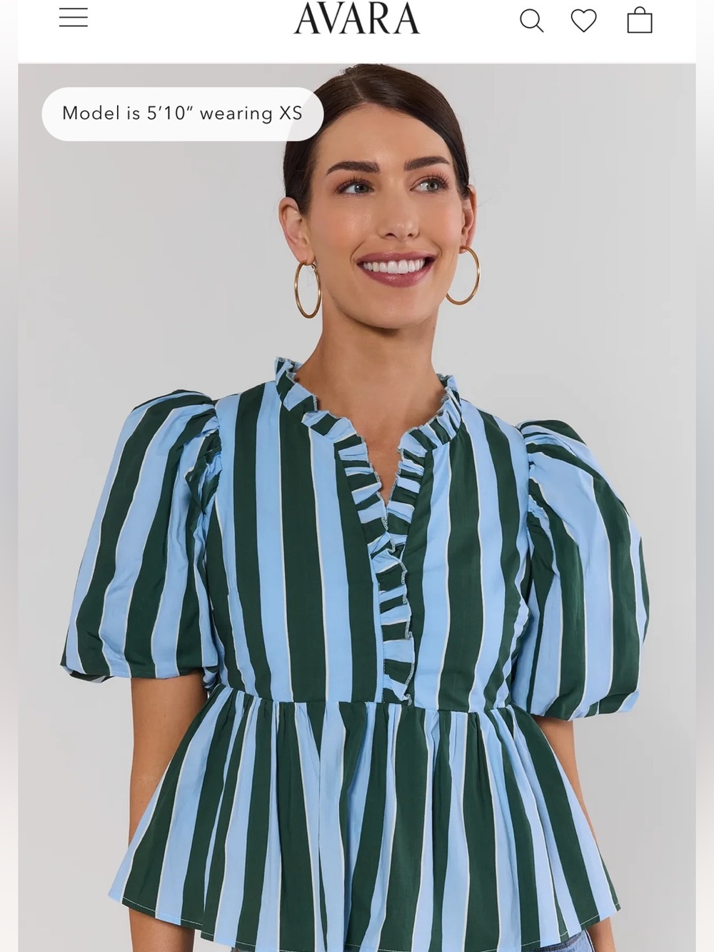 AVARA Striped Ruffle V-Neck Peplum Blouse in Light Blue and Forest Green